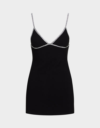CRYSTAL SLIP DRESS BLACK Women's Black Mini Dress with Rhinestone Details | Betsey Johnson Essential