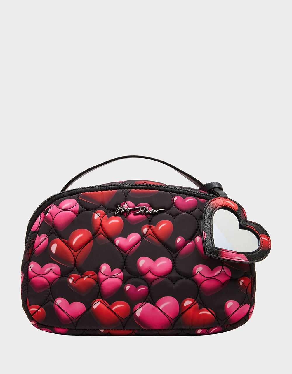 LOAF COSMETIC CASE WITH MIRROR BLACK/MULTI Women's Heart Print Travel Cosmetic Case | Betsey Johnson New