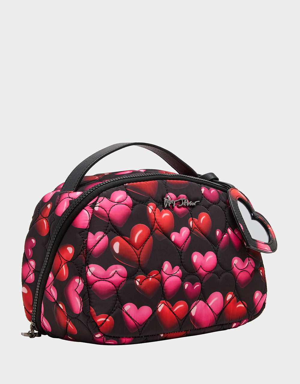 LOAF COSMETIC CASE WITH MIRROR BLACK/MULTI Women's Heart Print Travel Cosmetic Case | Betsey Johnson New