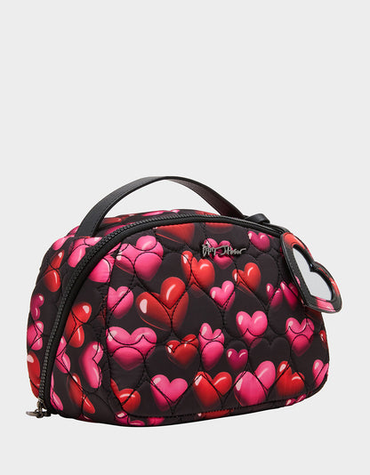 LOAF COSMETIC CASE WITH MIRROR BLACK/MULTI Women's Heart Print Travel Cosmetic Case | Betsey Johnson New