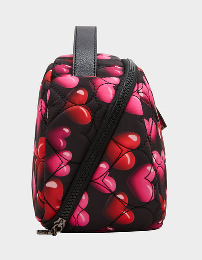 LOAF COSMETIC CASE WITH MIRROR BLACK/MULTI Women's Heart Print Travel Cosmetic Case | Betsey Johnson New