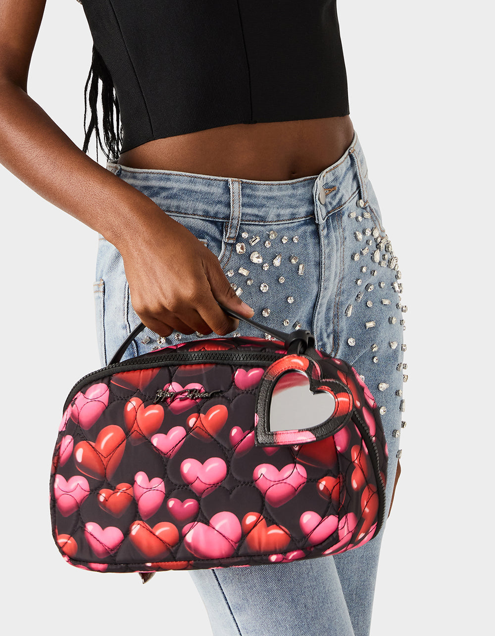 LOAF COSMETIC CASE WITH MIRROR BLACK/MULTI Women's Heart Print Travel Cosmetic Case | Betsey Johnson New