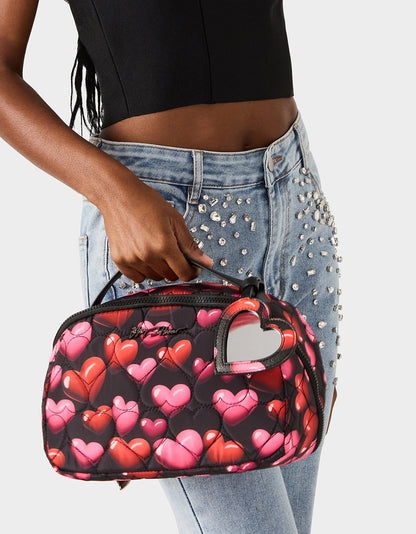 LOAF COSMETIC CASE WITH MIRROR BLACK/MULTI Women's Heart Print Travel Cosmetic Case | Betsey Johnson New