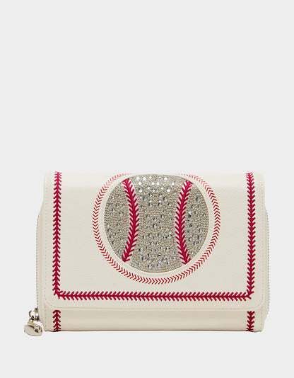 GRAND SLAM WALLET ON CHAIN CREAM Women's Baseball-Themed Rhinestone Embellished Wallet on Chain Crossbody Handbag | Betsey Johnson Best Price