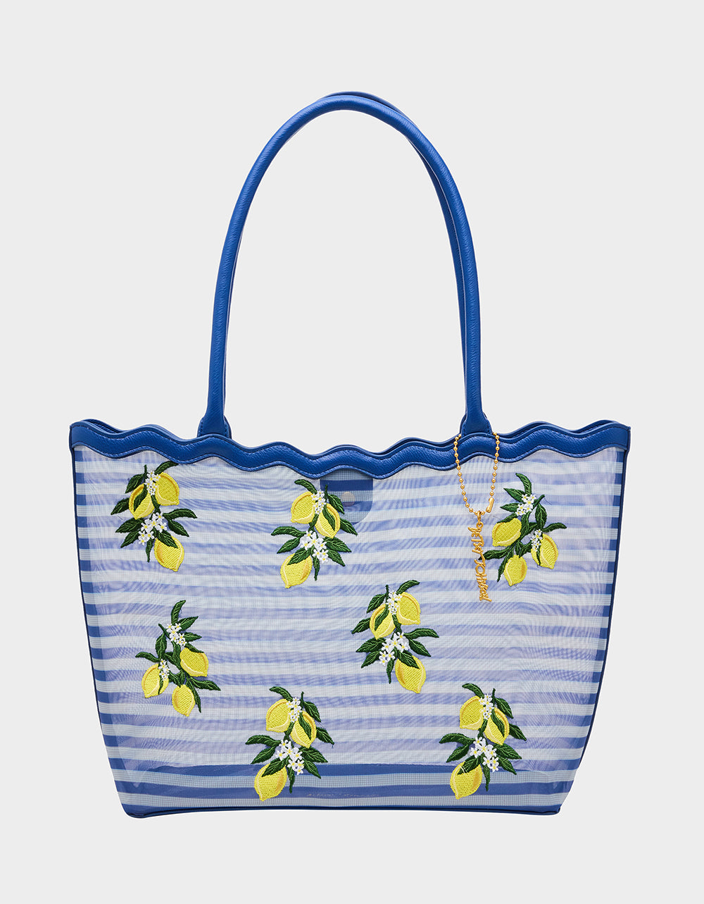 MESHIN AROUND TOTE BLUE/STRIPE Lemon Embroidered Mesh Women's Tote Handbag | Betsey Johnson Sale