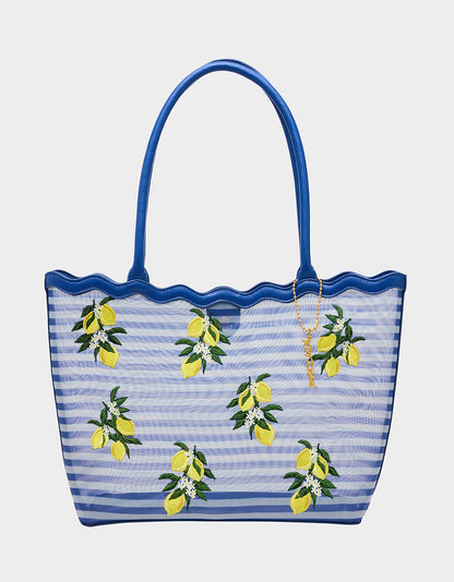 MESHIN AROUND TOTE BLUE/STRIPE Lemon Embroidered Mesh Women's Tote Handbag | Betsey Johnson Sale