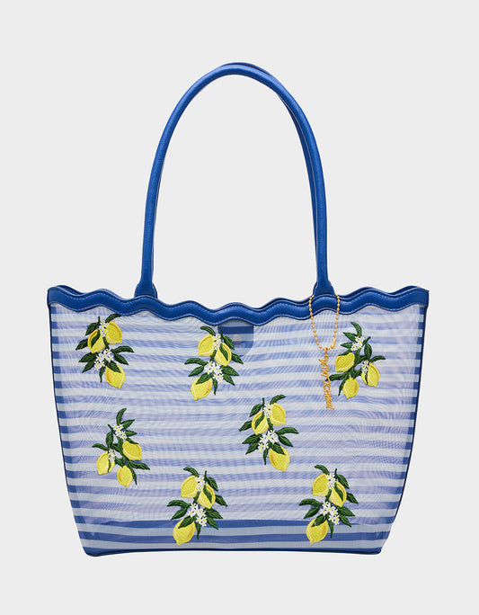 MESHIN AROUND TOTE BLUE/STRIPE Lemon Embroidered Mesh Women's Tote Handbag | Betsey Johnson Sale