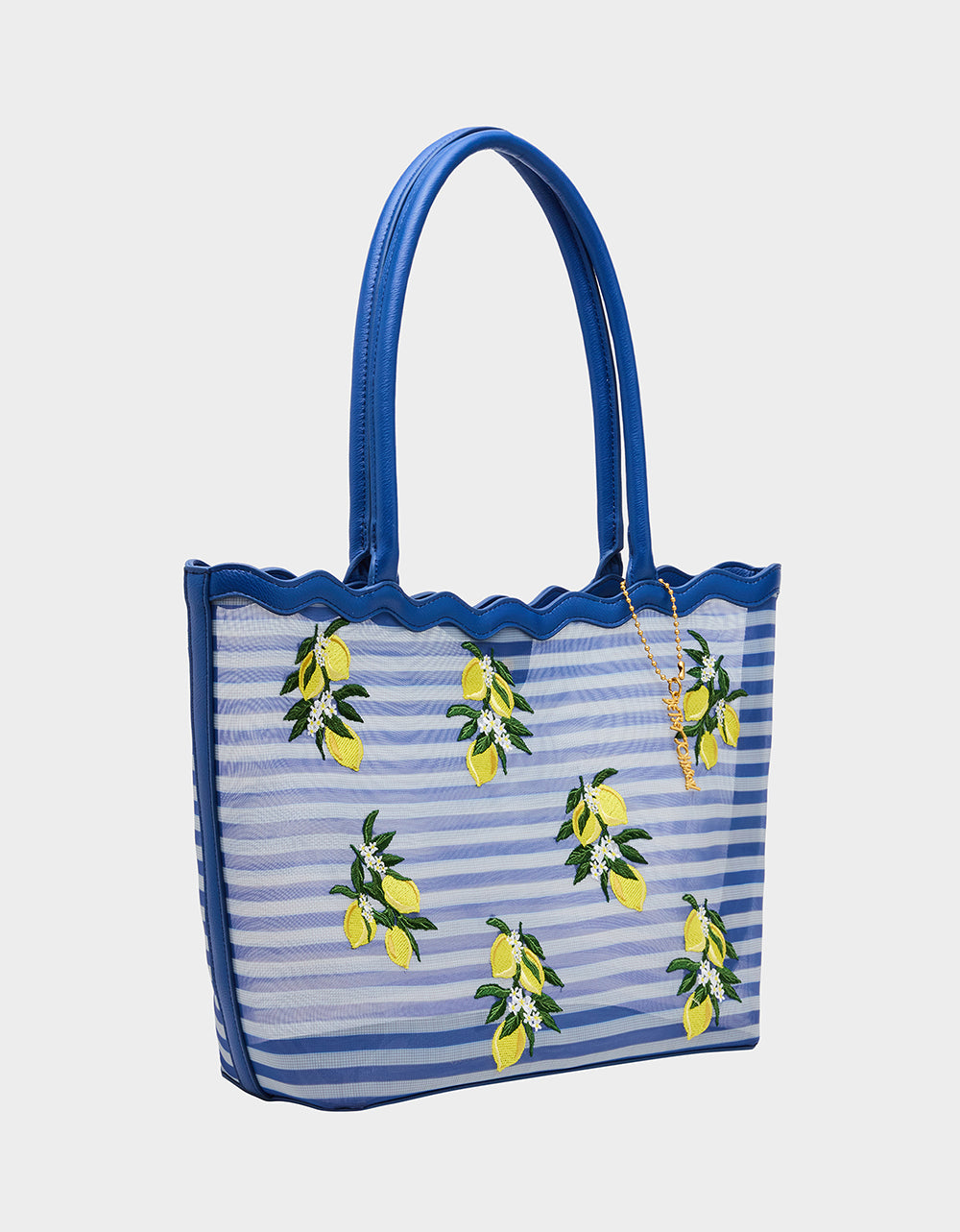 MESHIN AROUND TOTE BLUE/STRIPE Lemon Embroidered Mesh Women's Tote Handbag | Betsey Johnson Sale
