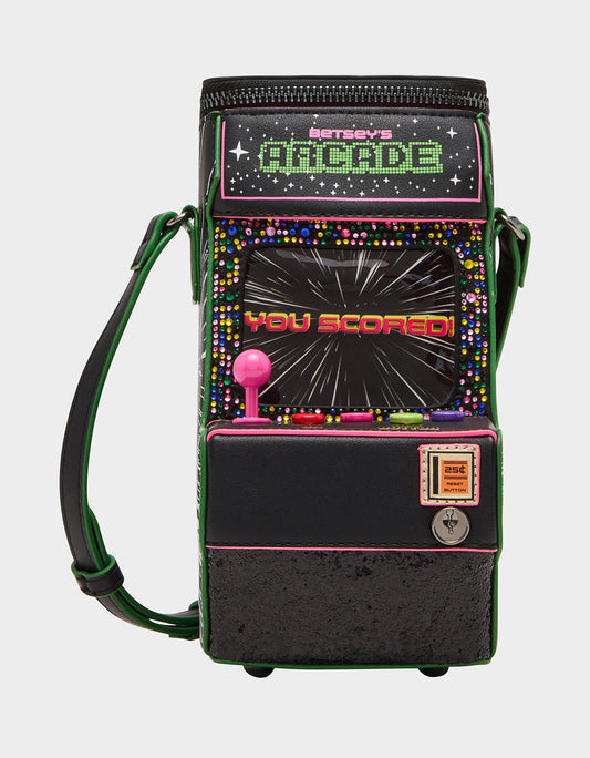 KITSCH SCORED! CROSSBODY BLACK/MULTI Women's Video-Game Inspired Crossbody Handbag | Betsey Johnson Exclusive