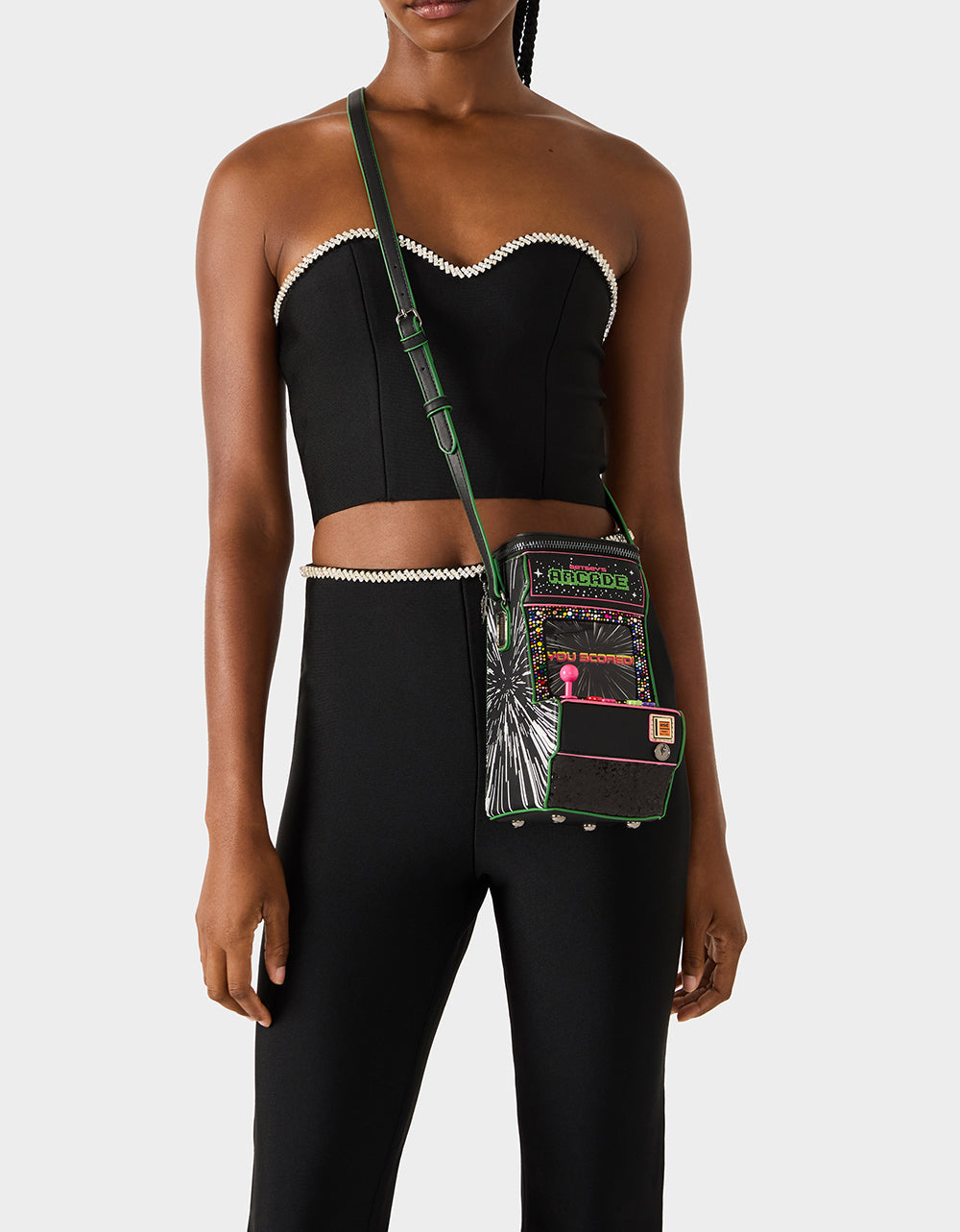 KITSCH SCORED! CROSSBODY BLACK/MULTI Women's Video-Game Inspired Crossbody Handbag | Betsey Johnson Exclusive