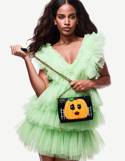 GOURDGOUS WALLET ON CHAIN BLACK MULTI Women's Pumpkin Halloween-Themed Wallet | Betsey Johnson Value