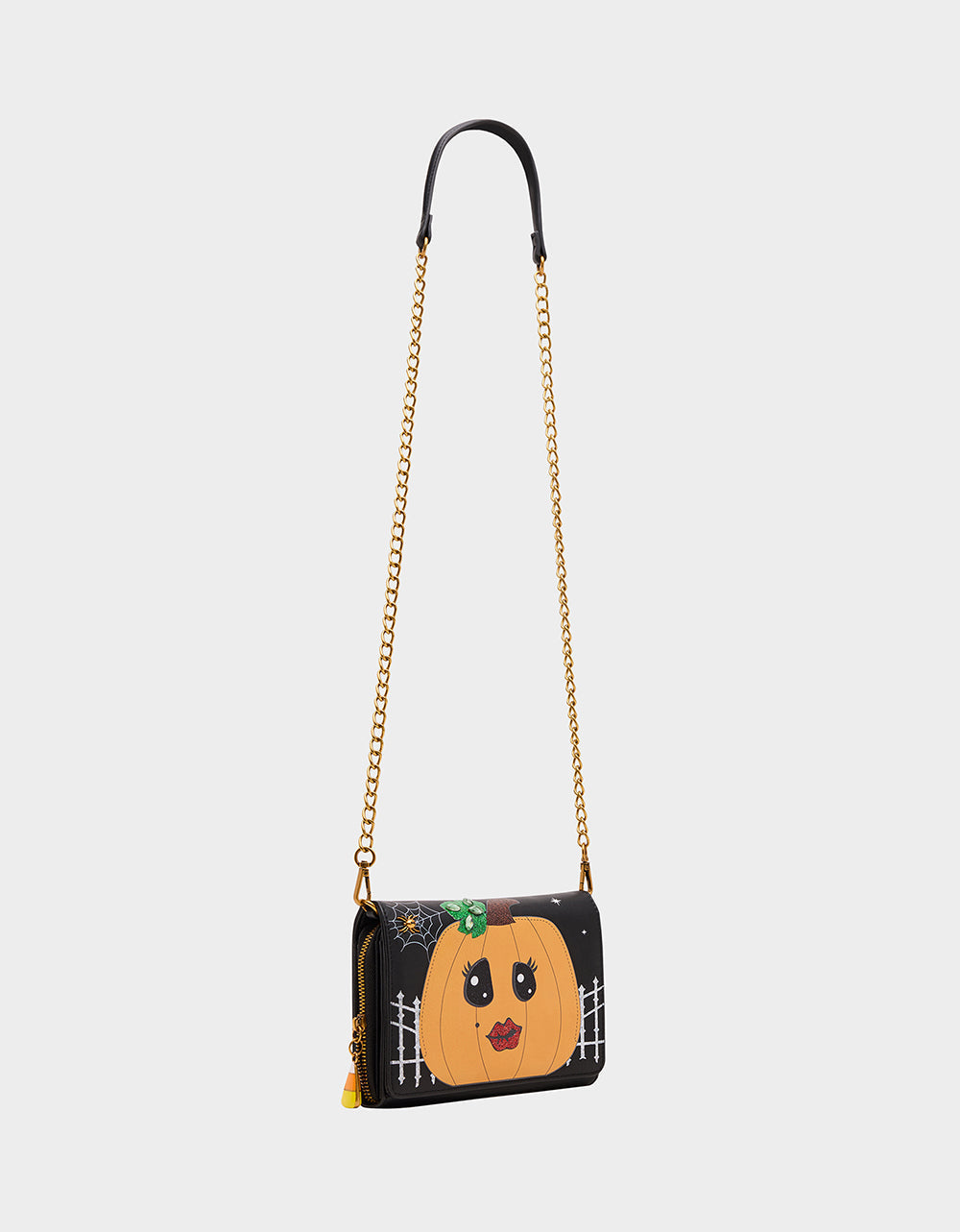 GOURDGOUS WALLET ON CHAIN BLACK MULTI Women's Pumpkin Halloween-Themed Wallet | Betsey Johnson Value
