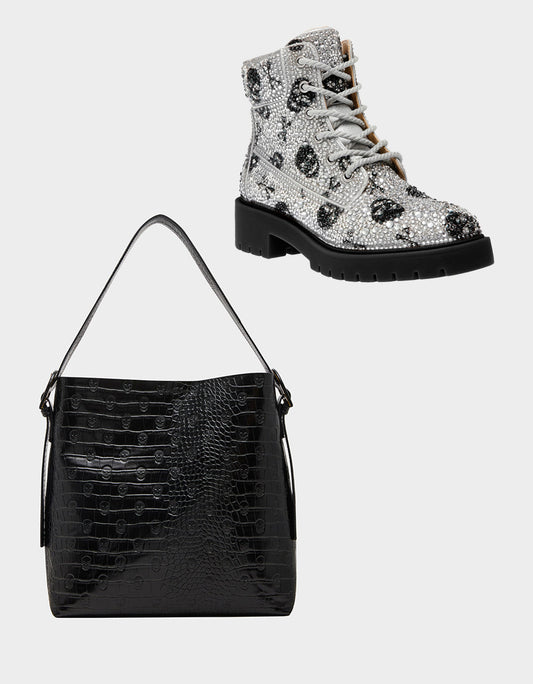 THE GOTH GIRL HOLIDAY BUNDLE Women's Rhinestone Skull Combat Boots and Black Bucket Handbag | Betsey Johnson Sale