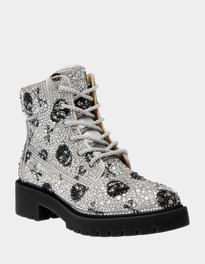 THE GOTH GIRL HOLIDAY BUNDLE Women's Rhinestone Skull Combat Boots and Black Bucket Handbag | Betsey Johnson Sale