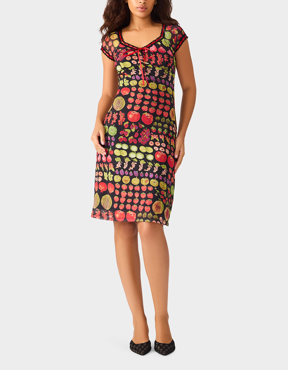 BETSEY'S FRUIT DRESS BLACK MULTI Women's Fruit Print Short-Sleeved Slip Dress | Betsey Johnson New