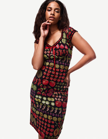 BETSEY'S FRUIT DRESS BLACK MULTI Women's Fruit Print Short-Sleeved Slip Dress | Betsey Johnson New