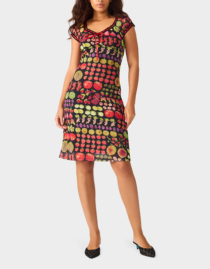 BETSEY'S FRUIT DRESS BLACK MULTI Women's Fruit Print Short-Sleeved Slip Dress | Betsey Johnson New