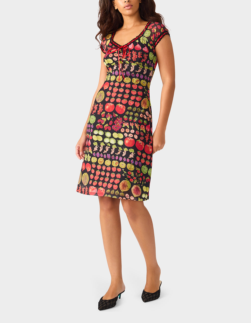 BETSEY'S FRUIT DRESS BLACK MULTI Women's Fruit Print Short-Sleeved Slip Dress | Betsey Johnson New