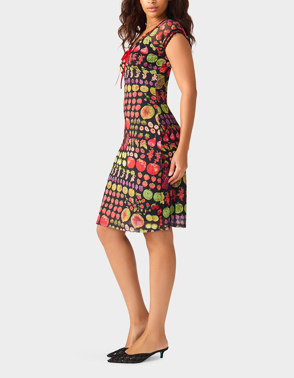 BETSEY'S FRUIT DRESS BLACK MULTI Women's Fruit Print Short-Sleeved Slip Dress | Betsey Johnson New