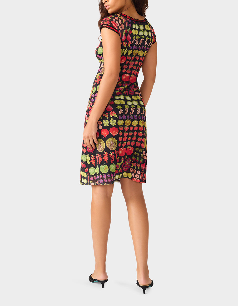 BETSEY'S FRUIT DRESS BLACK MULTI Women's Fruit Print Short-Sleeved Slip Dress | Betsey Johnson New