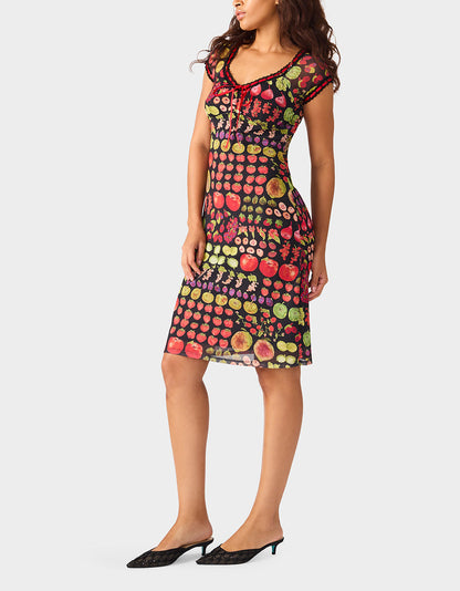 BETSEY'S FRUIT DRESS BLACK MULTI Women's Fruit Print Short-Sleeved Slip Dress | Betsey Johnson New
