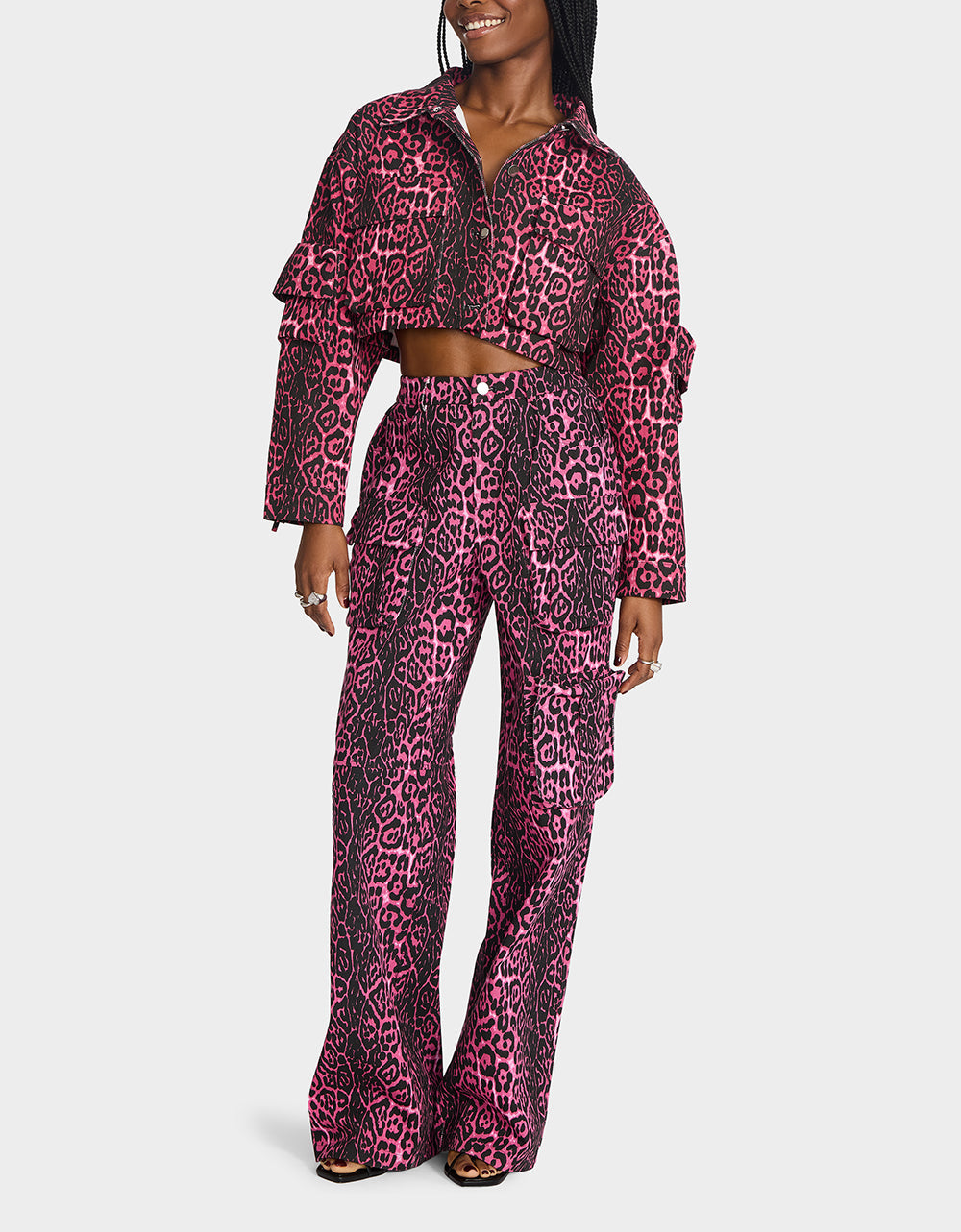 WILD IN PINK BUNDLE Women's Pink Leopard Cropped Jacket and Cargo Pant Set | Betsey Johnson Popular