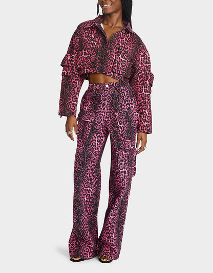 WILD IN PINK BUNDLE Women's Pink Leopard Cropped Jacket and Cargo Pant Set | Betsey Johnson Popular