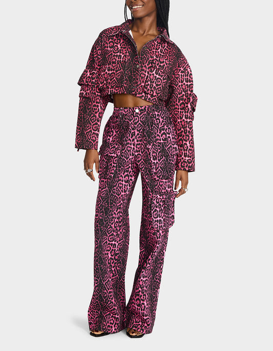WILD IN PINK BUNDLE Women's Pink Leopard Cropped Jacket and Cargo Pant Set | Betsey Johnson Popular