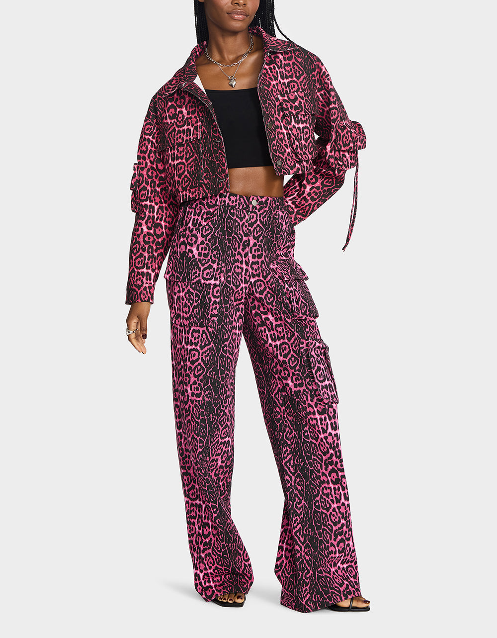 WILD IN PINK BUNDLE Women's Pink Leopard Cropped Jacket and Cargo Pant Set | Betsey Johnson Popular
