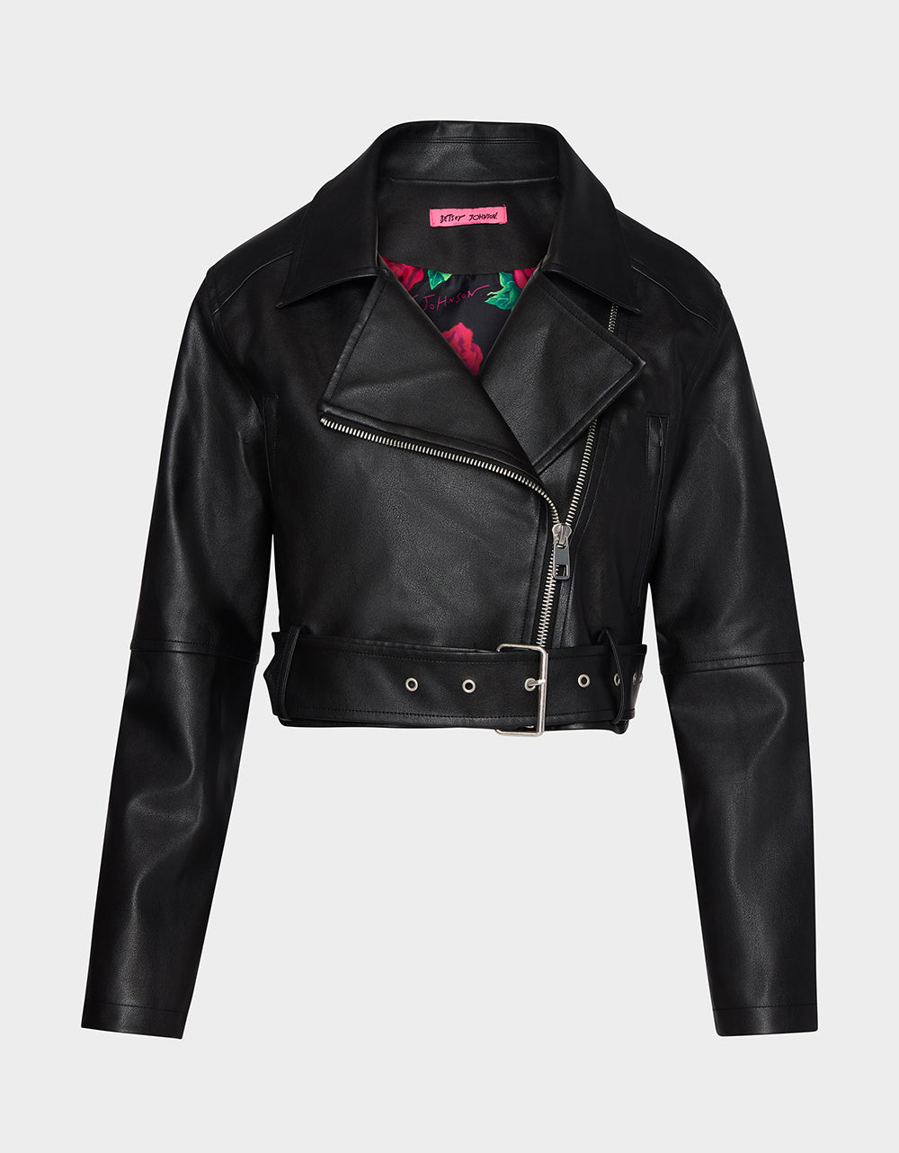 REBEL ROSE JACKET BLACK Women's Leather Long-Sleeved Jacket | Betsey Johnson Featured