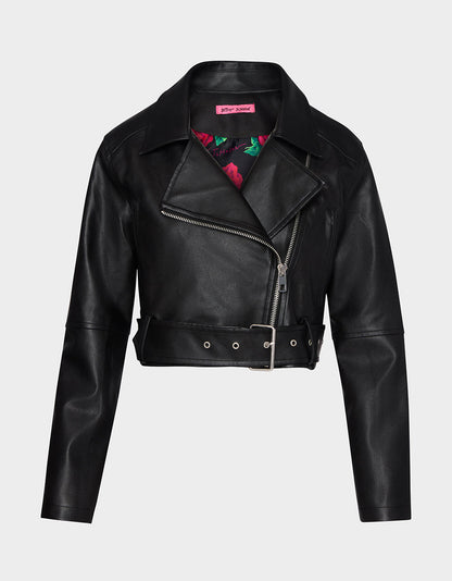 REBEL ROSE JACKET BLACK Women's Leather Long-Sleeved Jacket | Betsey Johnson Featured