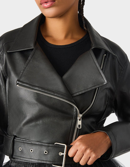 REBEL ROSE JACKET BLACK Women's Leather Long-Sleeved Jacket | Betsey Johnson Featured