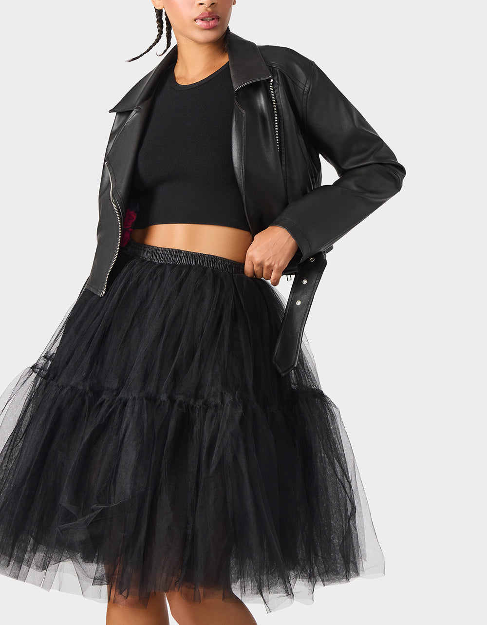 REBEL ROSE JACKET BLACK Women's Leather Long-Sleeved Jacket | Betsey Johnson Featured