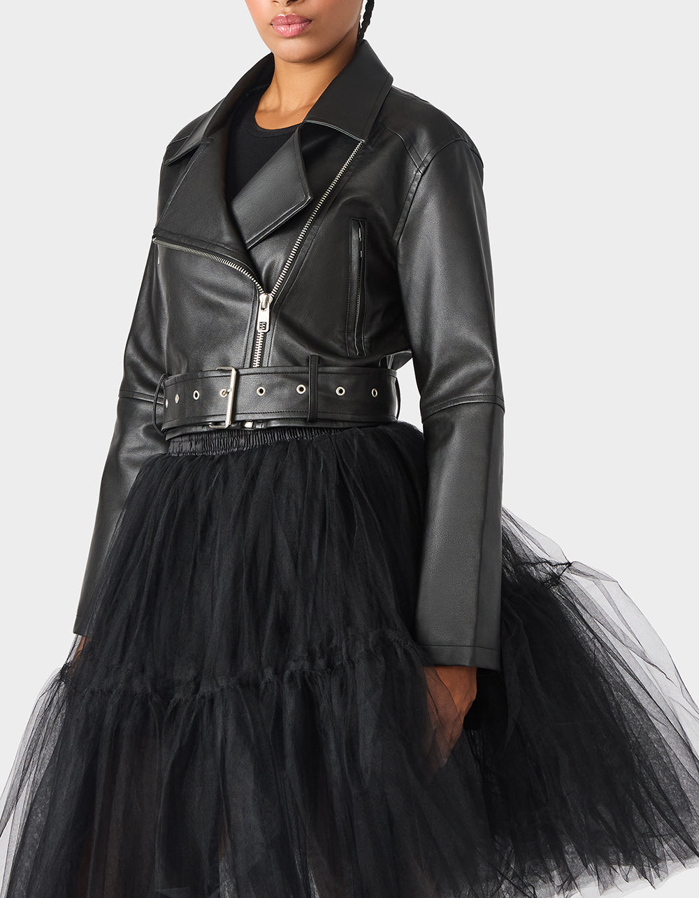 REBEL ROSE JACKET BLACK Women's Leather Long-Sleeved Jacket | Betsey Johnson Featured
