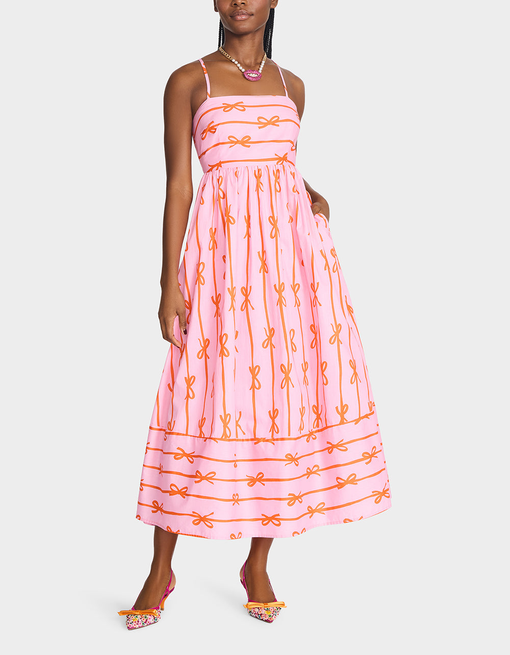 JORDY MAXI DRESS PINK MULTI Women's Flowy Bow Print Maxi Dress | Betsey Johnson Latest