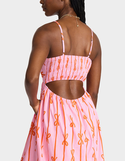 JORDY MAXI DRESS PINK MULTI Women's Flowy Bow Print Maxi Dress | Betsey Johnson Latest