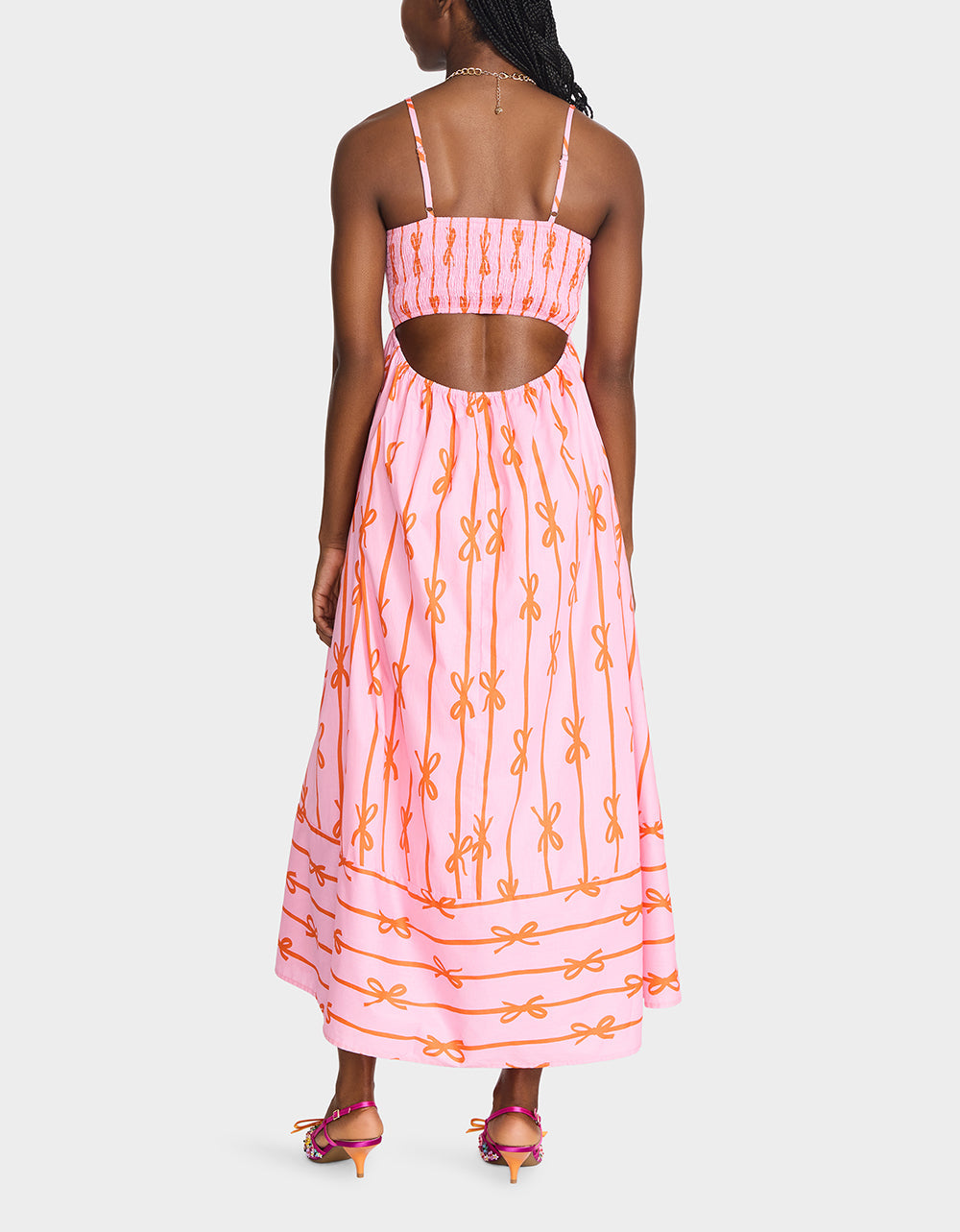 JORDY MAXI DRESS PINK MULTI Women's Flowy Bow Print Maxi Dress | Betsey Johnson Latest
