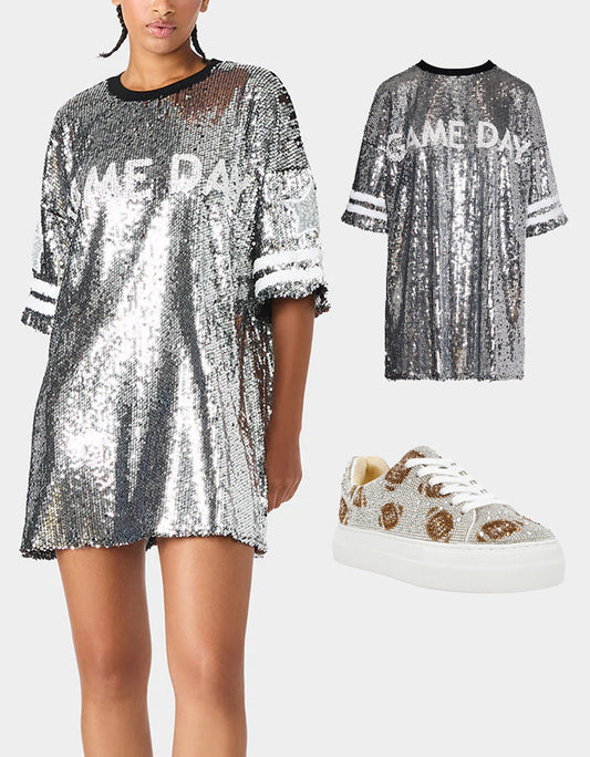 THE SPORTS FAN HOLIDAY BUNDLE Women's Game Day Sequin Jersey Dress and Sidny Football Rhinestone Sneaker | Betsey Johnson Everyday