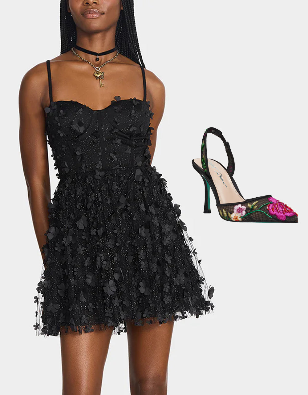 THE FLOWER CHILD HOLIDAY BUNDLE Women's Mini 3D Flower Dress Black and Floral Heel | Betsey Johnson Customer Favorite
