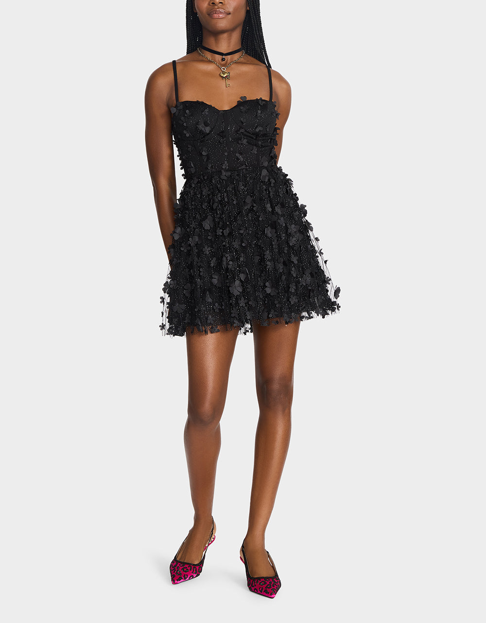 THE FLOWER CHILD HOLIDAY BUNDLE Women's Mini 3D Flower Dress Black and Floral Heel | Betsey Johnson Customer Favorite