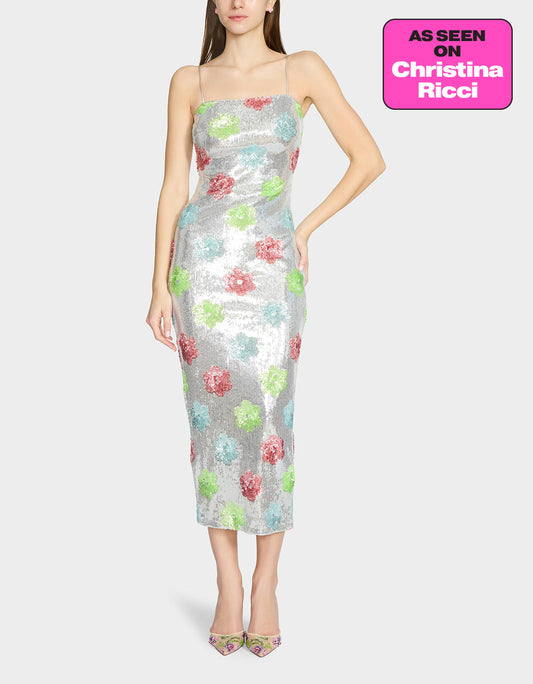 SASSY SEQUIN DRESS SILVER MULTI Embellished Sequin Flower Maxi Dress | Betsey Johnson Signature