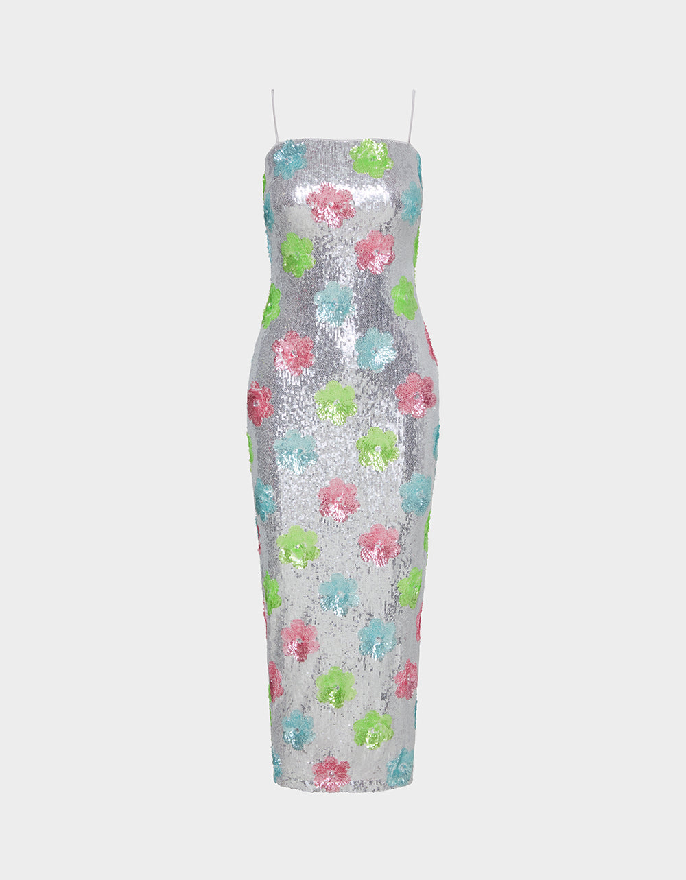 SASSY SEQUIN DRESS SILVER MULTI Embellished Sequin Flower Maxi Dress | Betsey Johnson Signature