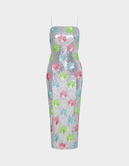 SASSY SEQUIN DRESS SILVER MULTI Embellished Sequin Flower Maxi Dress | Betsey Johnson Signature