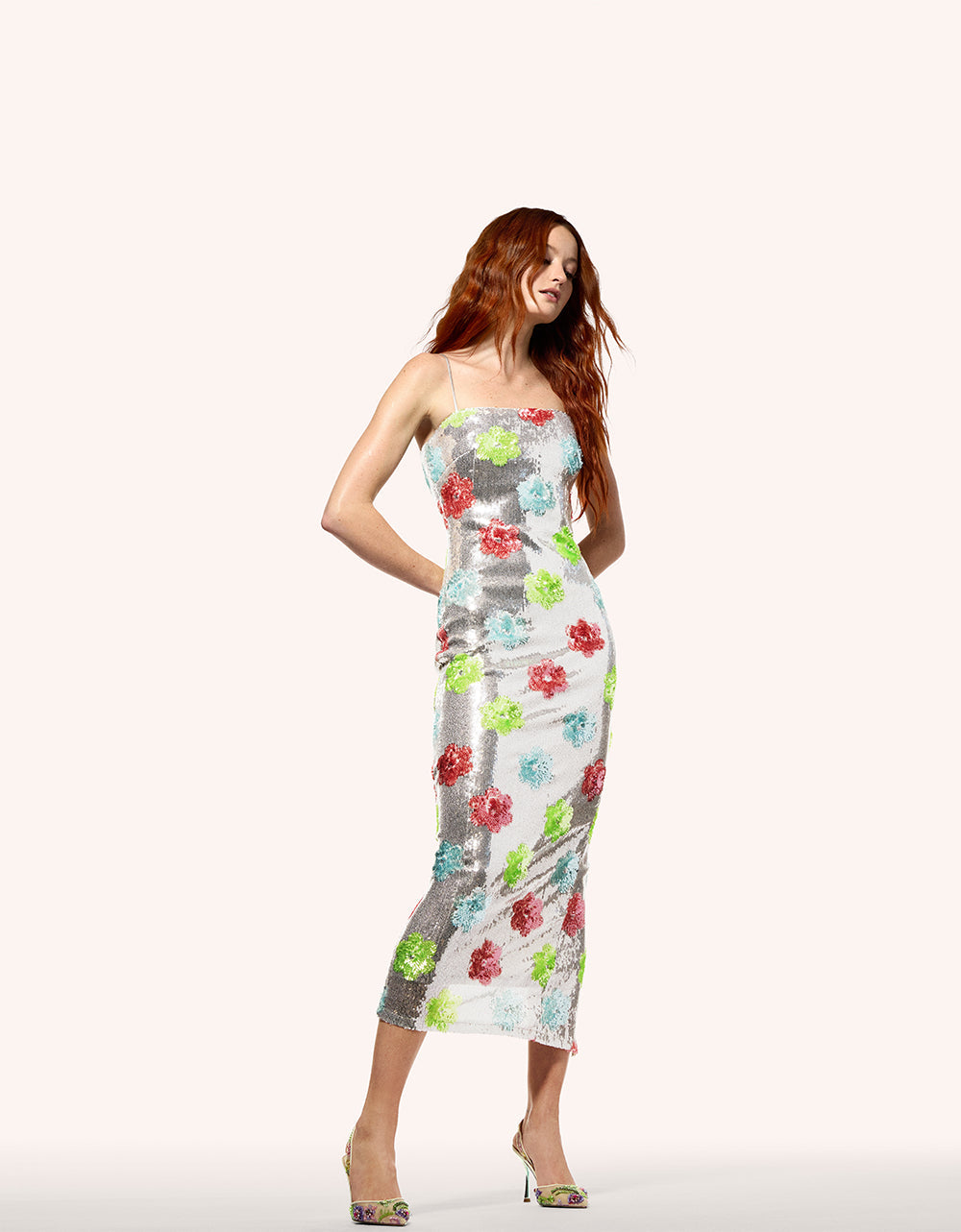 SASSY SEQUIN DRESS SILVER MULTI Embellished Sequin Flower Maxi Dress | Betsey Johnson Signature