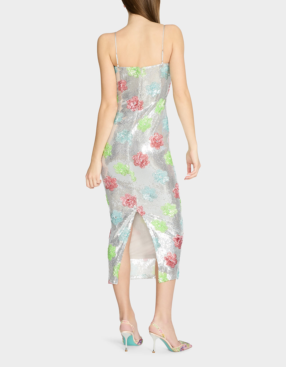 SASSY SEQUIN DRESS SILVER MULTI Embellished Sequin Flower Maxi Dress | Betsey Johnson Signature