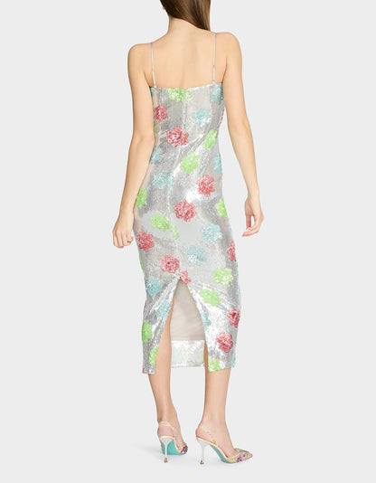 SASSY SEQUIN DRESS SILVER MULTI Embellished Sequin Flower Maxi Dress | Betsey Johnson Signature