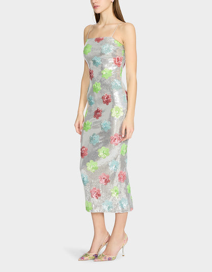 SASSY SEQUIN DRESS SILVER MULTI Embellished Sequin Flower Maxi Dress | Betsey Johnson Signature
