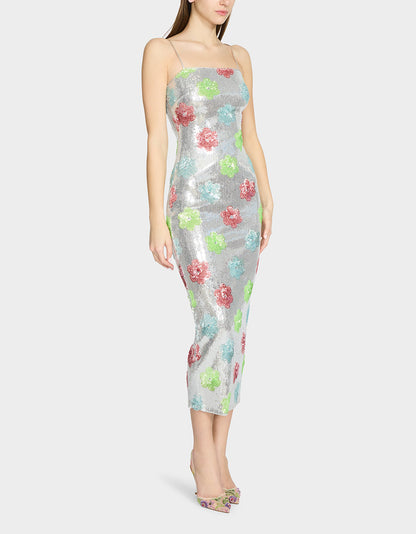 SASSY SEQUIN DRESS SILVER MULTI Embellished Sequin Flower Maxi Dress | Betsey Johnson Signature