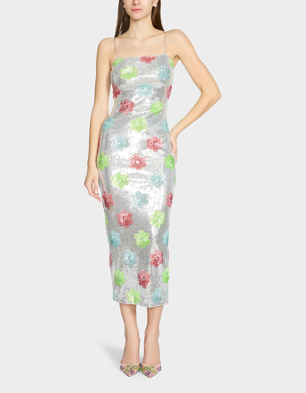 SASSY SEQUIN DRESS SILVER MULTI Embellished Sequin Flower Maxi Dress | Betsey Johnson Signature