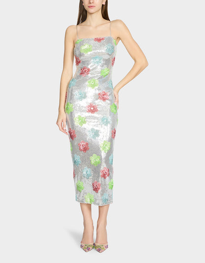 SASSY SEQUIN DRESS SILVER MULTI Embellished Sequin Flower Maxi Dress | Betsey Johnson Signature